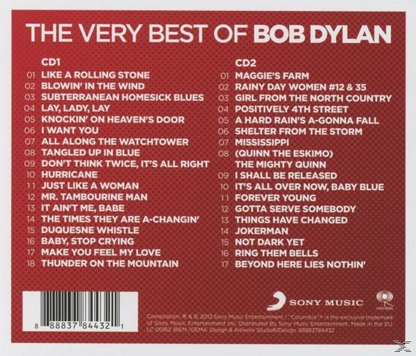 CD-Cover von 'The Very Best of Bob Dylan' mit Titelliste, rotem Hintergrund, Künstlername oben.