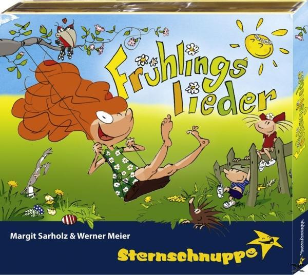 Kinderbuchcover mit einem Mädchen auf einer Schaukel, Titel 'Frühlingslieder' und Tierzeichnungen.