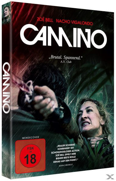 DVD-Cover für den Film Camino. Ein Mann hält eine Waffe. Eine Frau wird festgehalten. Rote und schwarze Farben.