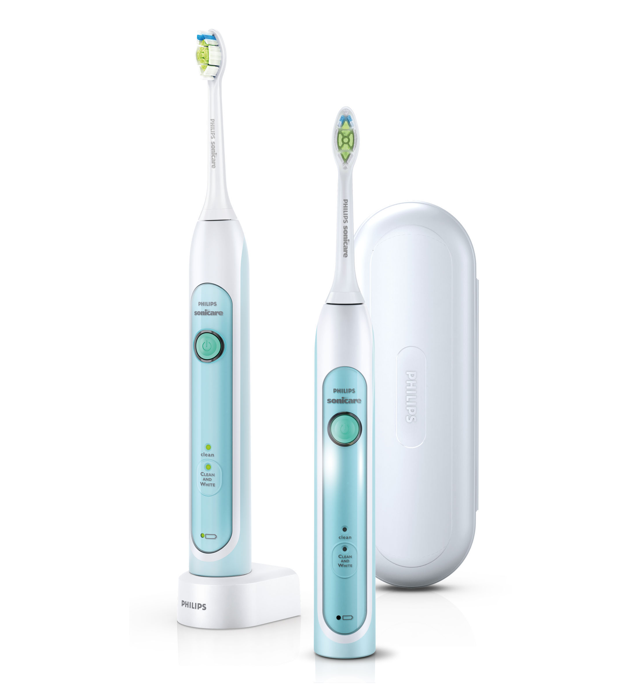 Zwei blau-weiße Philips Sonicare elektrische Zahnbürsten mit Ladestation und Etui.