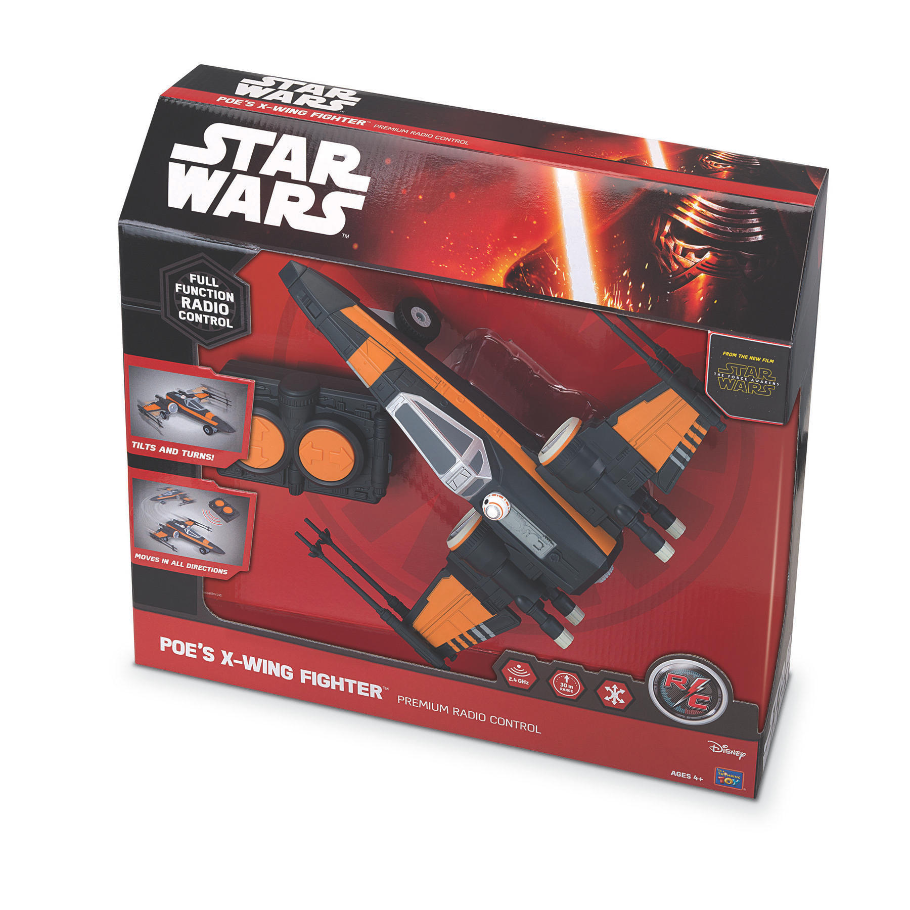 Star Wars Spielzeugbox mit einem X-Wing-Jäger-Modell und einer Fernbedienung.