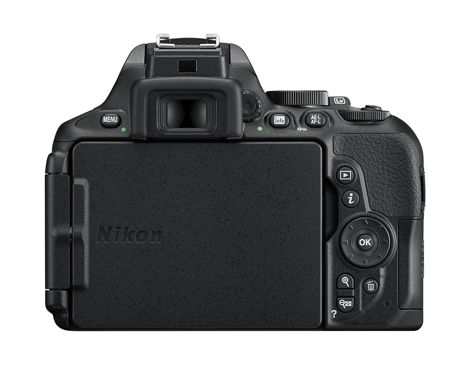 De achterkant van een zwarte Nikon camera wordt getoond. Het scherm toont het Nikon logo. Knoppen zoals Menu, Info en OK zijn zichtbaar.
