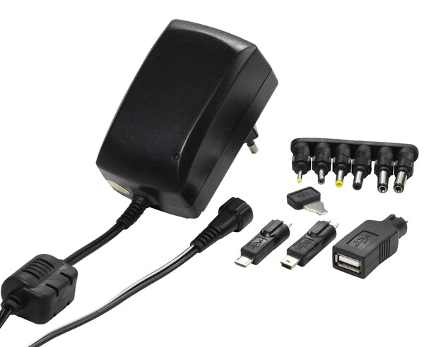 Schwarzes Netzteil mit mehreren Anschlusstypen. Enthält USB, Micro-USB und andere Ladetipps.
