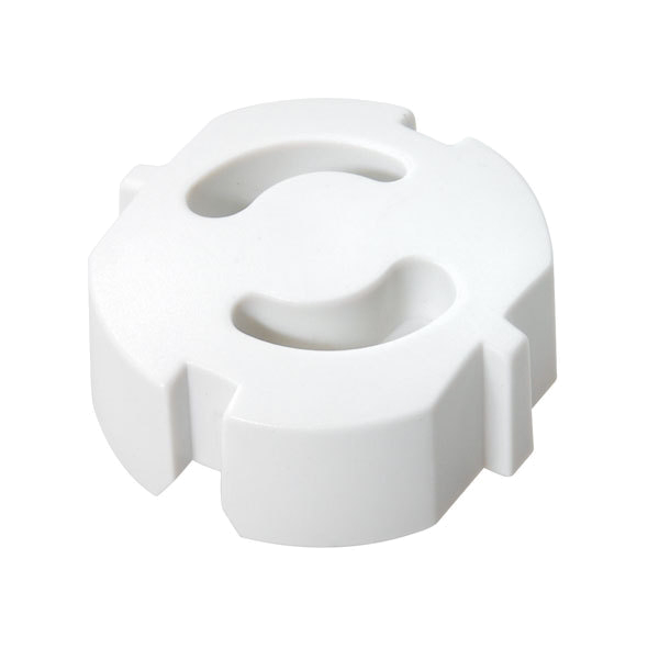 Weiße Kunststoff-Steckdosen-Sicherheitsabdeckung, vier gekrümmte Kanten sichtbar.