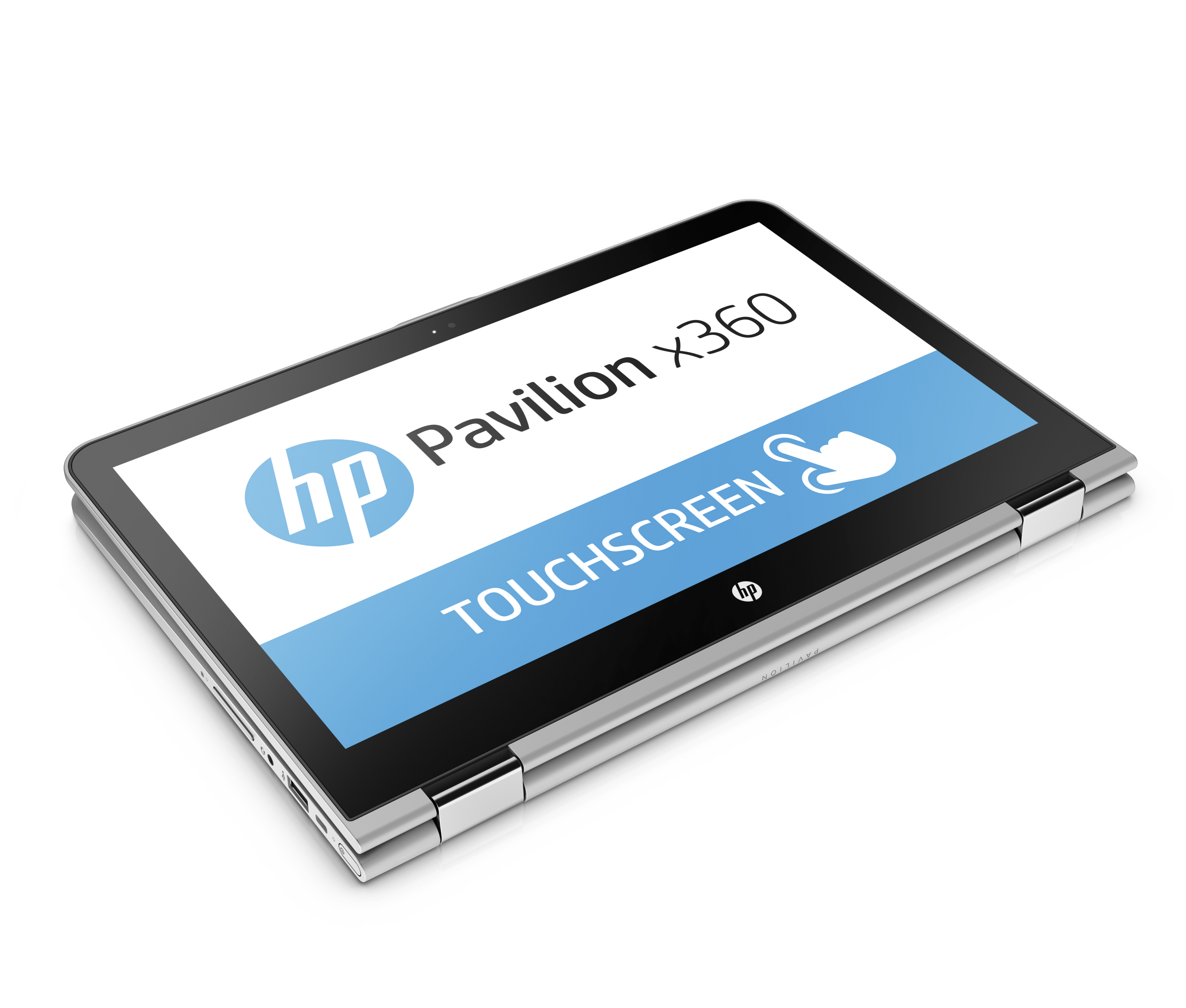 Ein silbernes und schwarzes HP Pavilion x360 Touchscreen-Laptop, weißer Hintergrund.