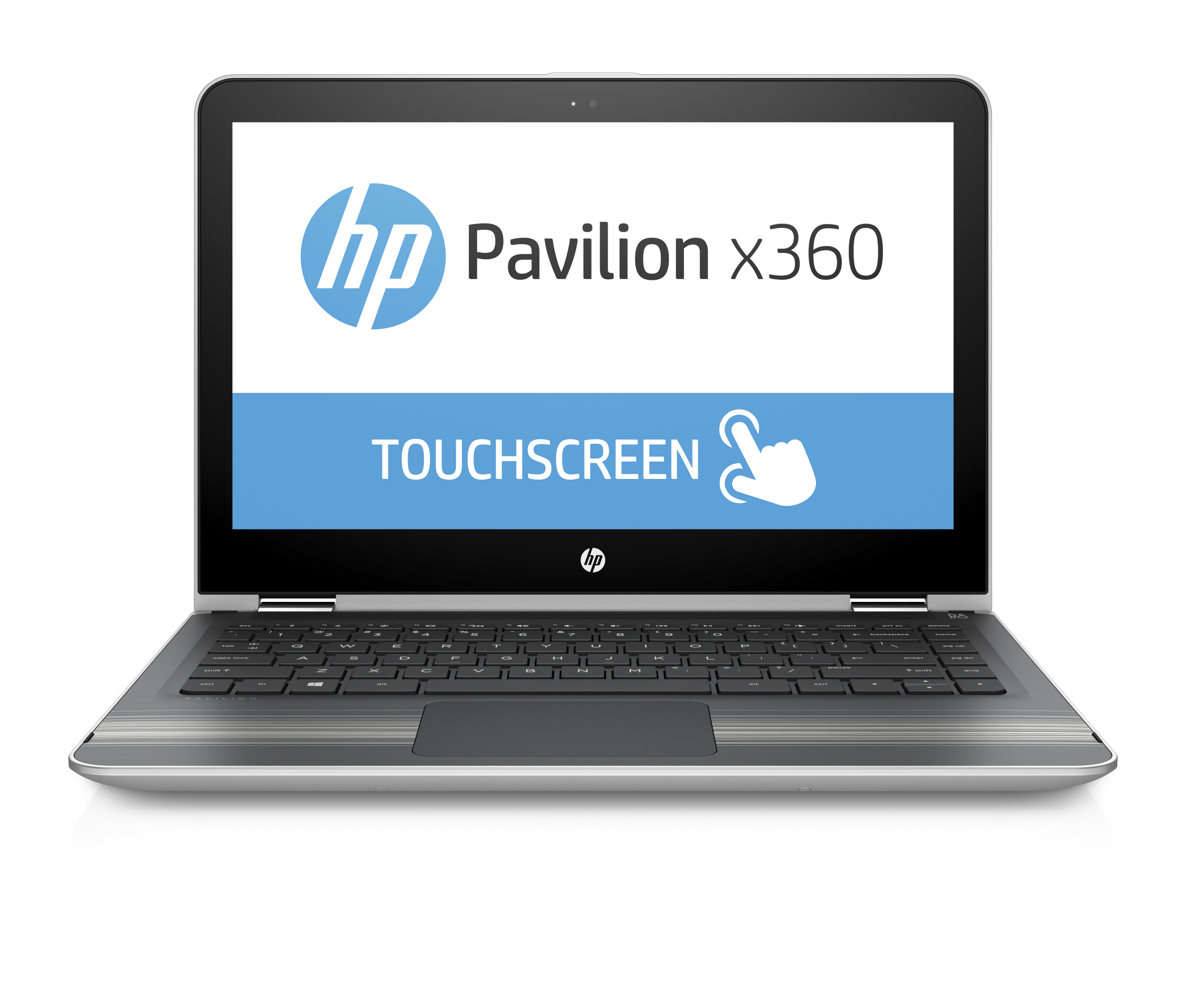 Ein silbernes HP Pavilion x360 Laptop mit Touchscreen-Text.