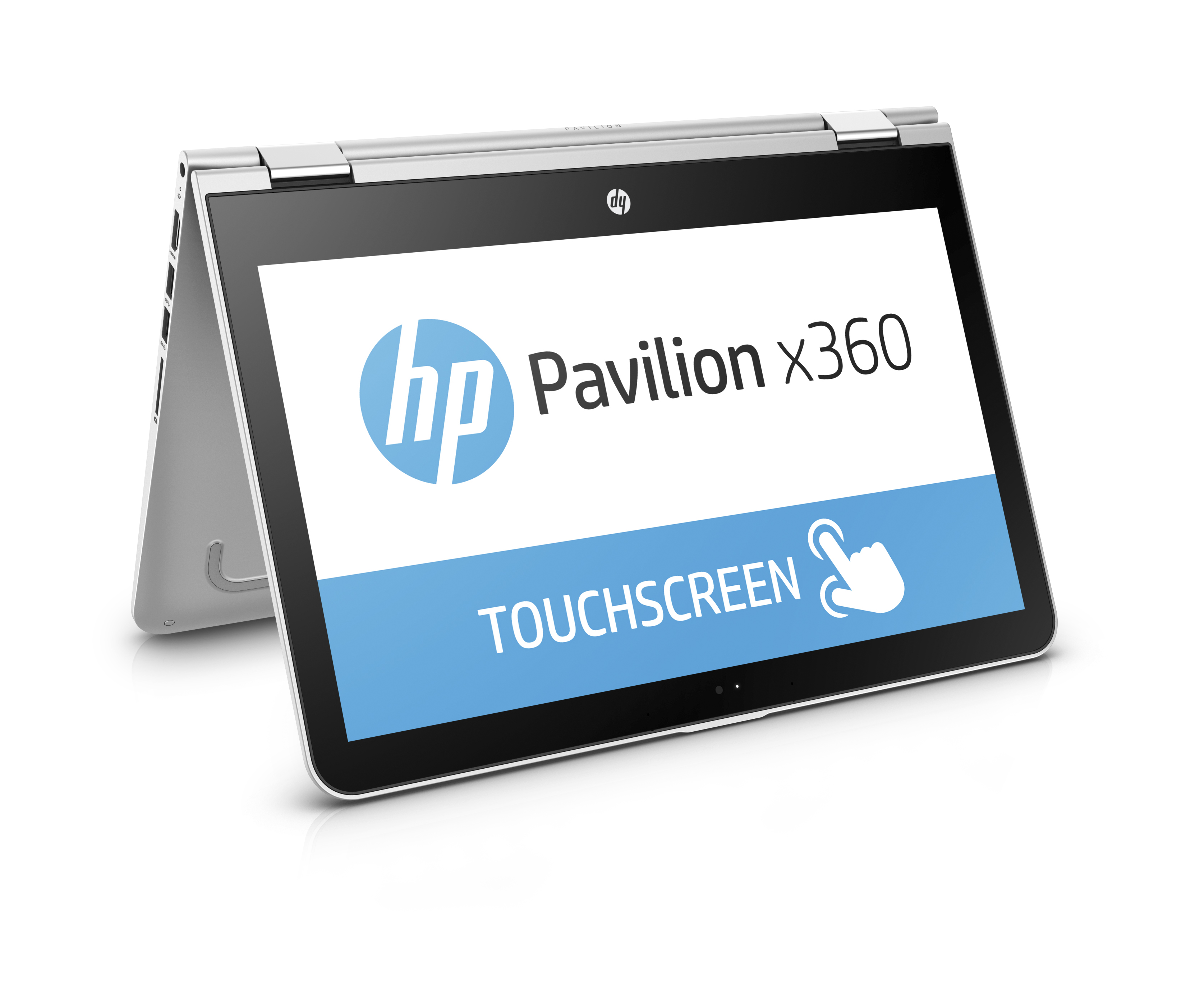 Ein silbernes HP Pavilion x360 Touchscreen-Laptop mit geneigtem Bildschirm, weißer Hintergrund.