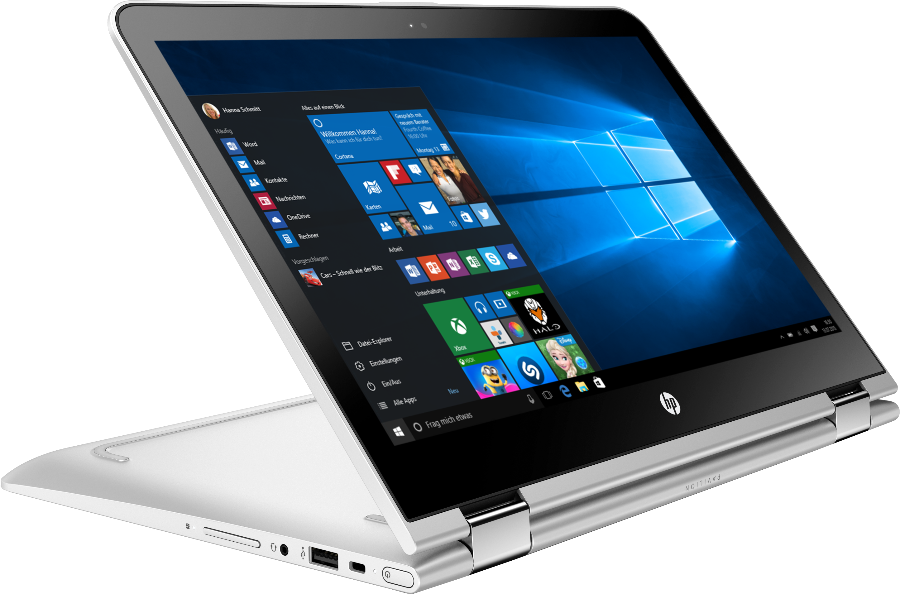 Silberner und weißer HP-Laptop mit einem Bildschirm, der Windows-Apps anzeigt, leicht geöffnet.