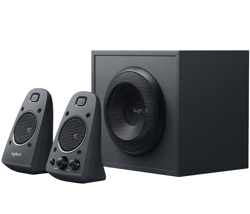 Háromrészes Logitech hangszórórendszer feketén. Két kis hangszóró és egy mélynyomó.