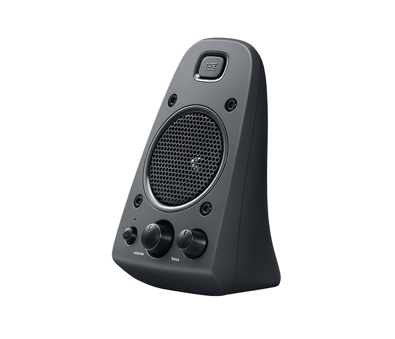 Sötétszürke Logitech hangszóró, három vezérlőgombbal és hálós hangszóróval.