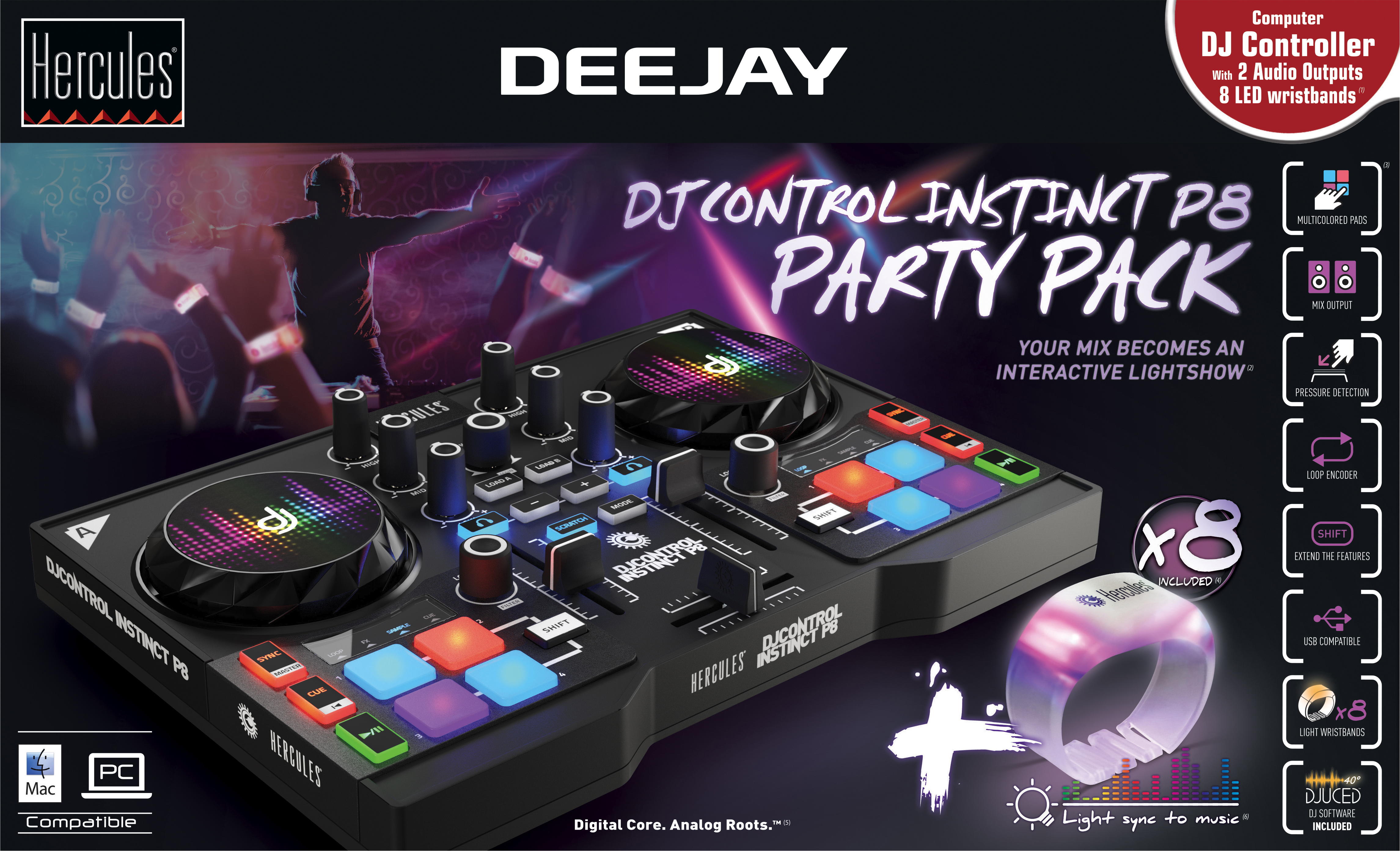 HERCULES DJ Control Instinct P8 Party Pack (8 Performance-Pads, integr. Soundkarte, 8 LED-Armbänder) 2-Deck DJ Controller, Schwarz