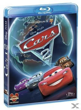 Couverture Blu-ray de Cars 2. Comprend des voitures animées avec une planète en arrière-plan.