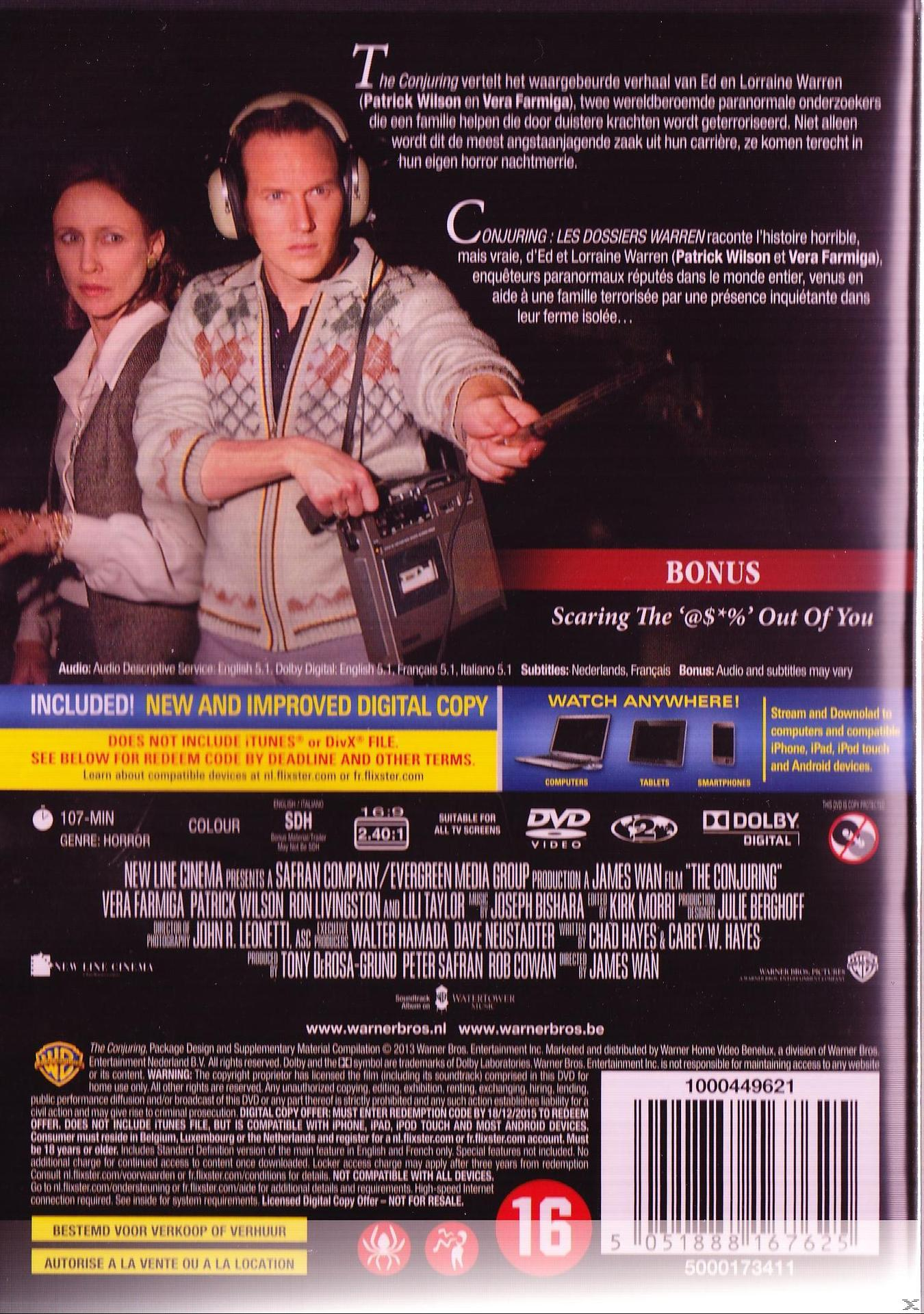 Pochette DVD de "The Conjuring". Présente les acteurs et le texte sur l'intrigue et les caractéristiques du film.