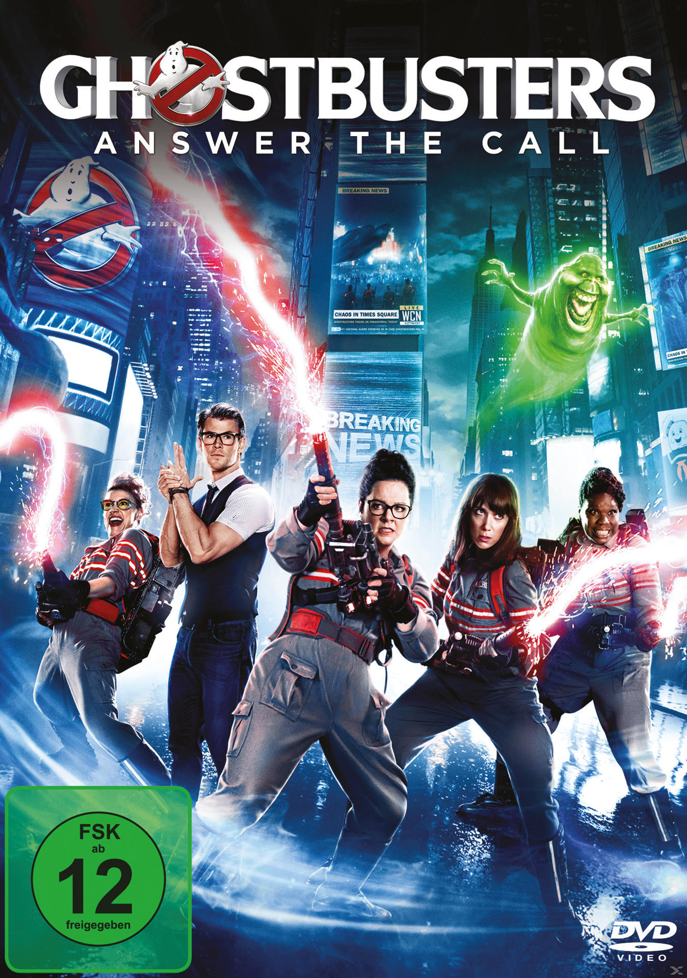 Filmposter von Ghostbusters. Vier Personen mit Protonenpacks bekämpfen Geister in einer Stadt.