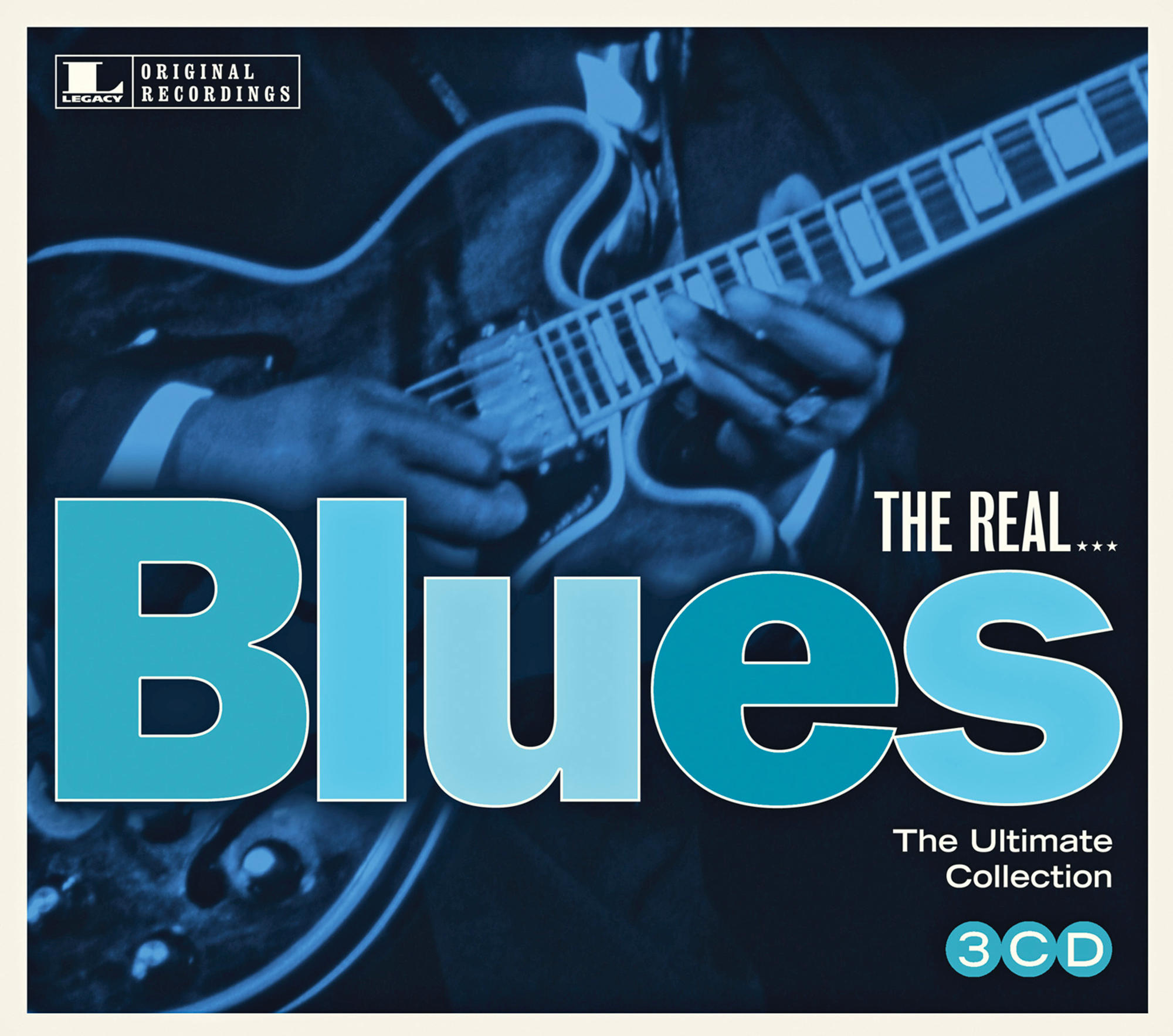 Blues-Musikalbum-Cover. Blaue Gitarre, Text: The Real Blues, 3CD.