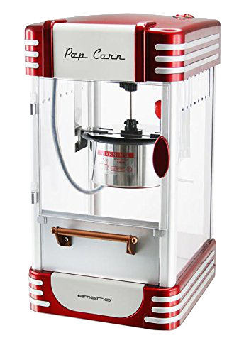 Eine Popcornmaschine im Retro-Stil in Rot und Weiß, mit einer durchsichtigen Kunststofffront.