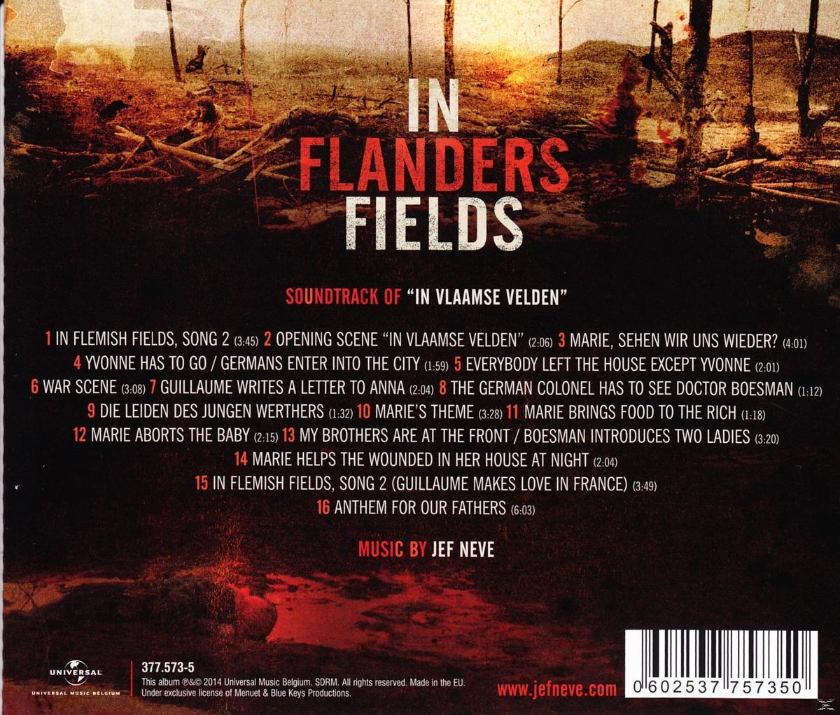 Pochette de CD avec le texte : In Flanders Fields. Un champ de bataille est illustré avec les titres des chansons.