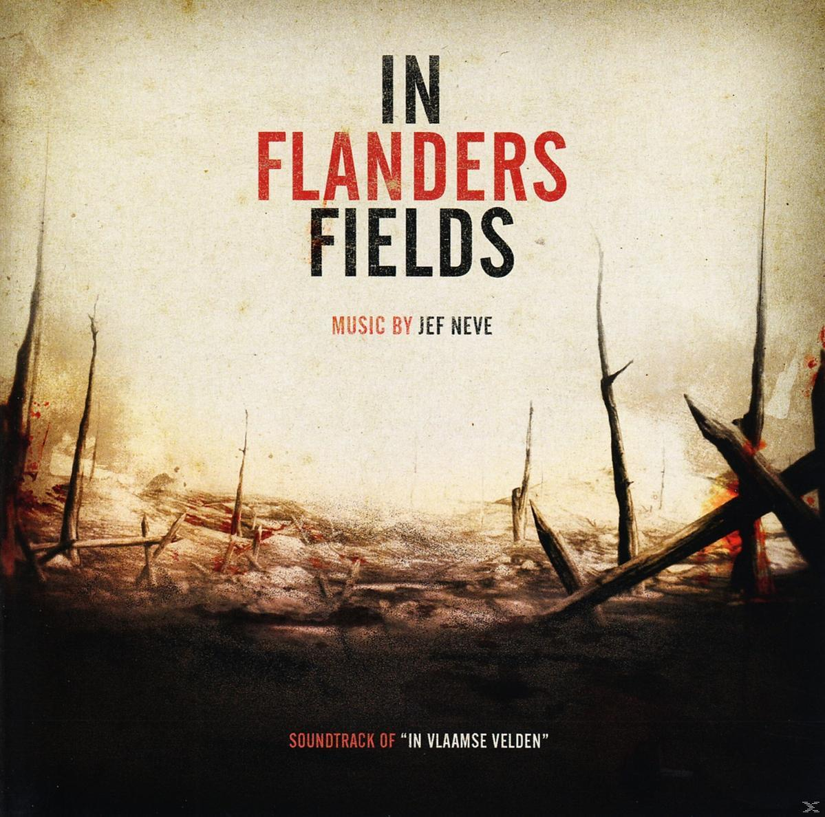 Couverture d'album : 'In Flanders Fields' avec scène de guerre, fil de fer barbelé et ton sépia.