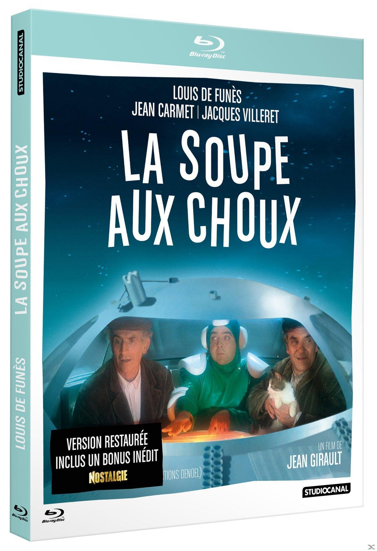 Blu-ray hoes van de film "La Soupe aux Choux" met drie mannen in een ruimtevaartuig tegen donkere achtergrond.