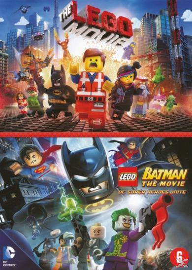 Couverture DVD avec LEGO Movie et LEGO Batman. Personnages dans des scènes d'action colorées.