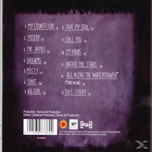 Achterkant van een cd-hoesje, met tracklist en album informatie, op een paarse achtergrond.