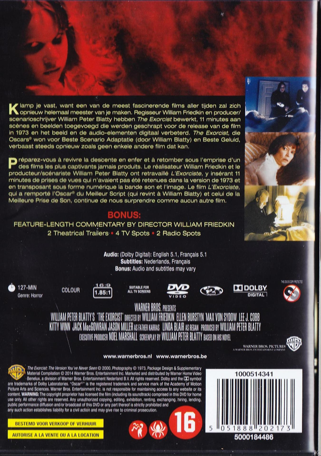 Achterkant van The Exorcist DVD met tekst en afbeeldingen.
