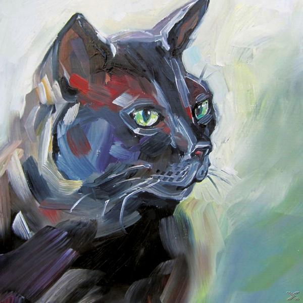 Ein Porträtgemälde einer schwarzen Katze. Grüne Augen und weiße Schnurrhaare sind sichtbar.