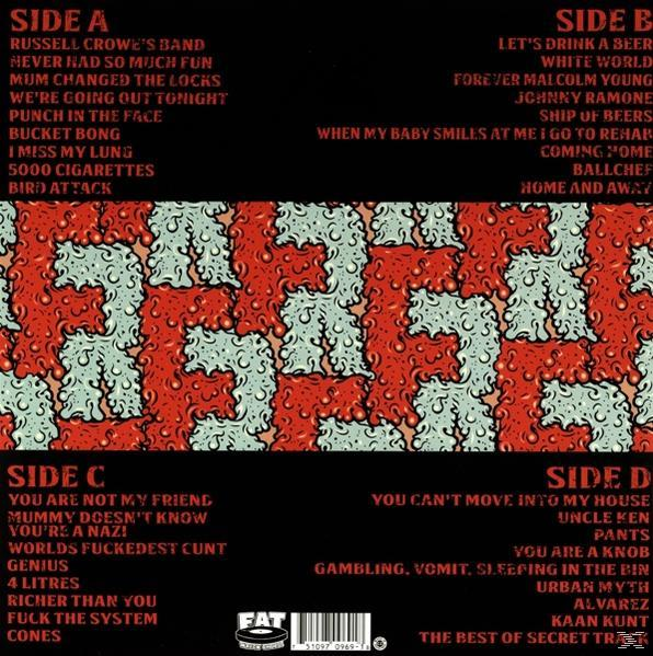 Albumcover mit einem farbenfrohen, abstrakten Design und Songtiteln.
