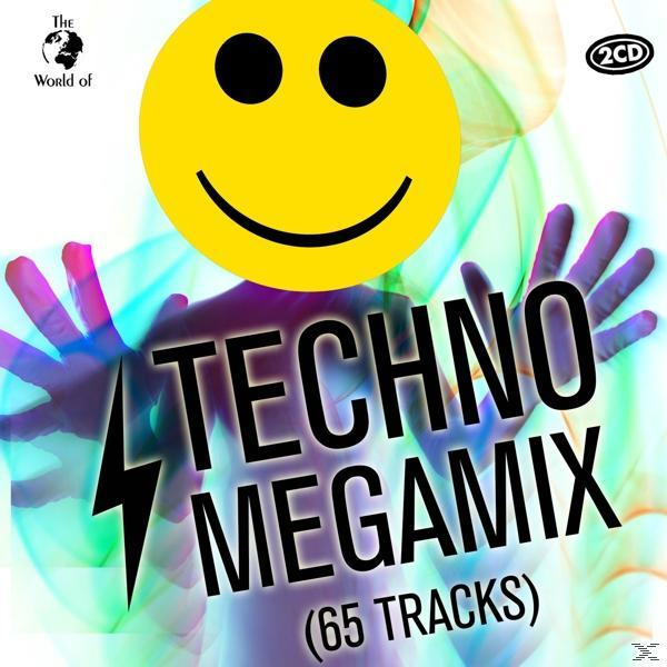 Albumcover mit einem gelben Smiley-Gesicht und bunten Linien. Titel: Techno Megamix.
