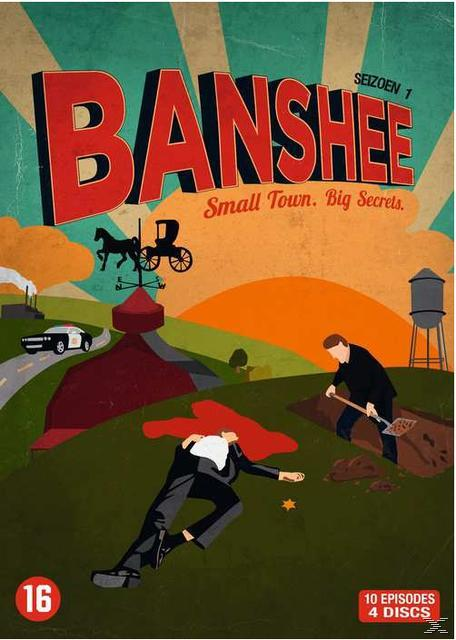 Couverture du DVD de Banshee Saison 1. Scène de crime avec une voiture et une ville en arrière-plan.