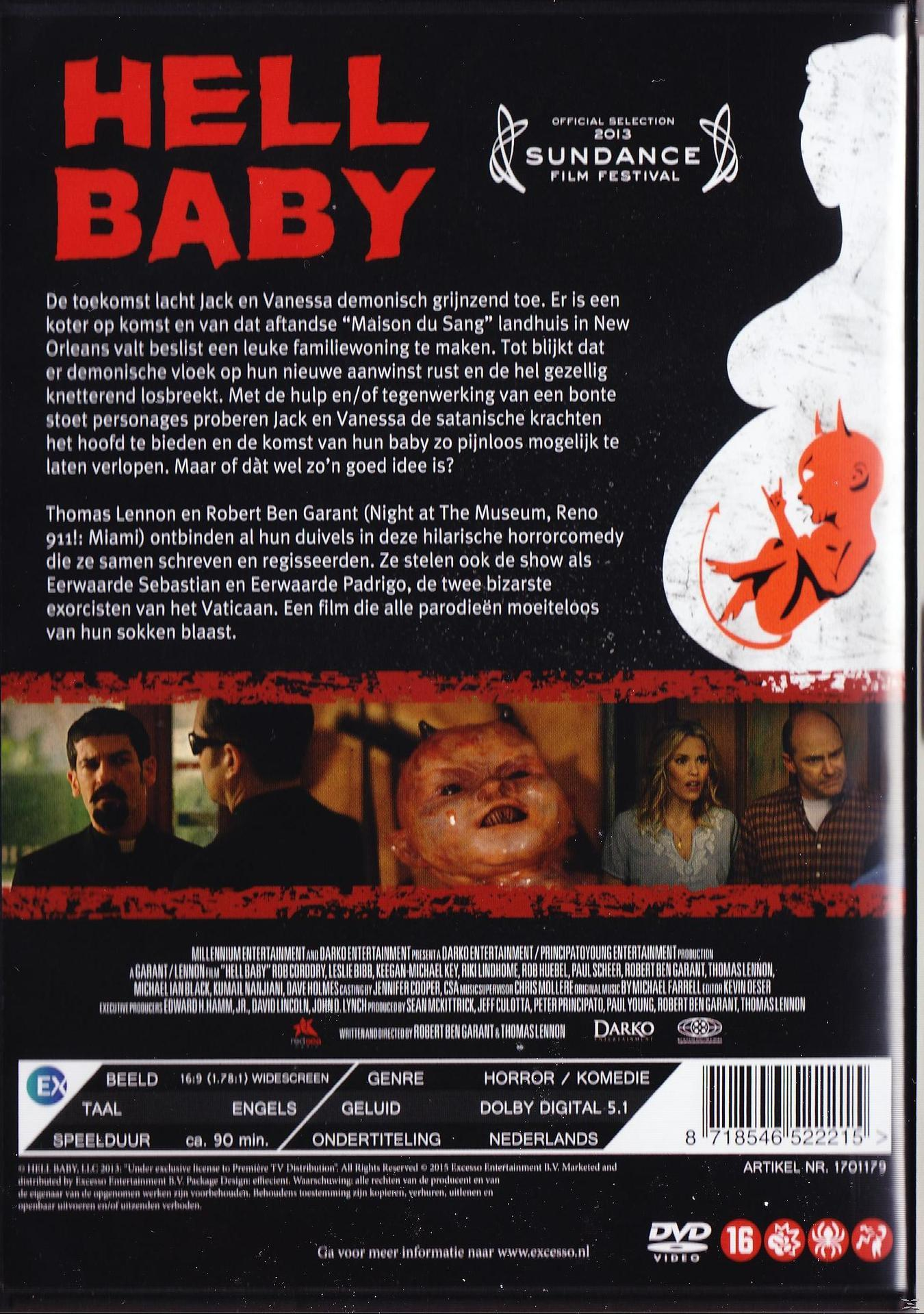 Le dos d'un boîtier DVD pour 'Hell Baby', avec du texte et des images liées au film.