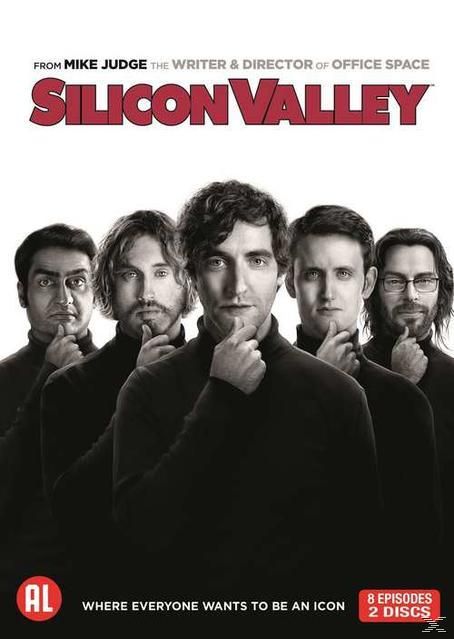 Silicon Valley DVD cover. A group of men in black turtlenecks, all with finger on chin.