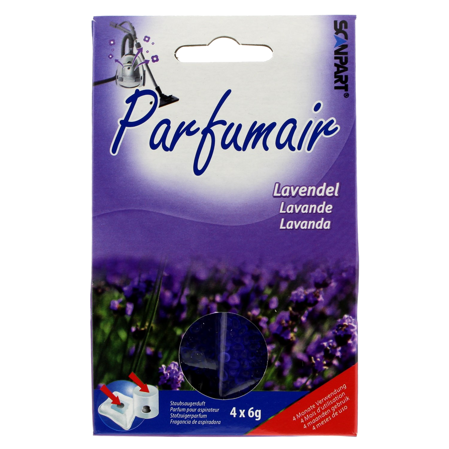 Paarse verpakking met lavendelbloemen, een stofzuiger en tekst.