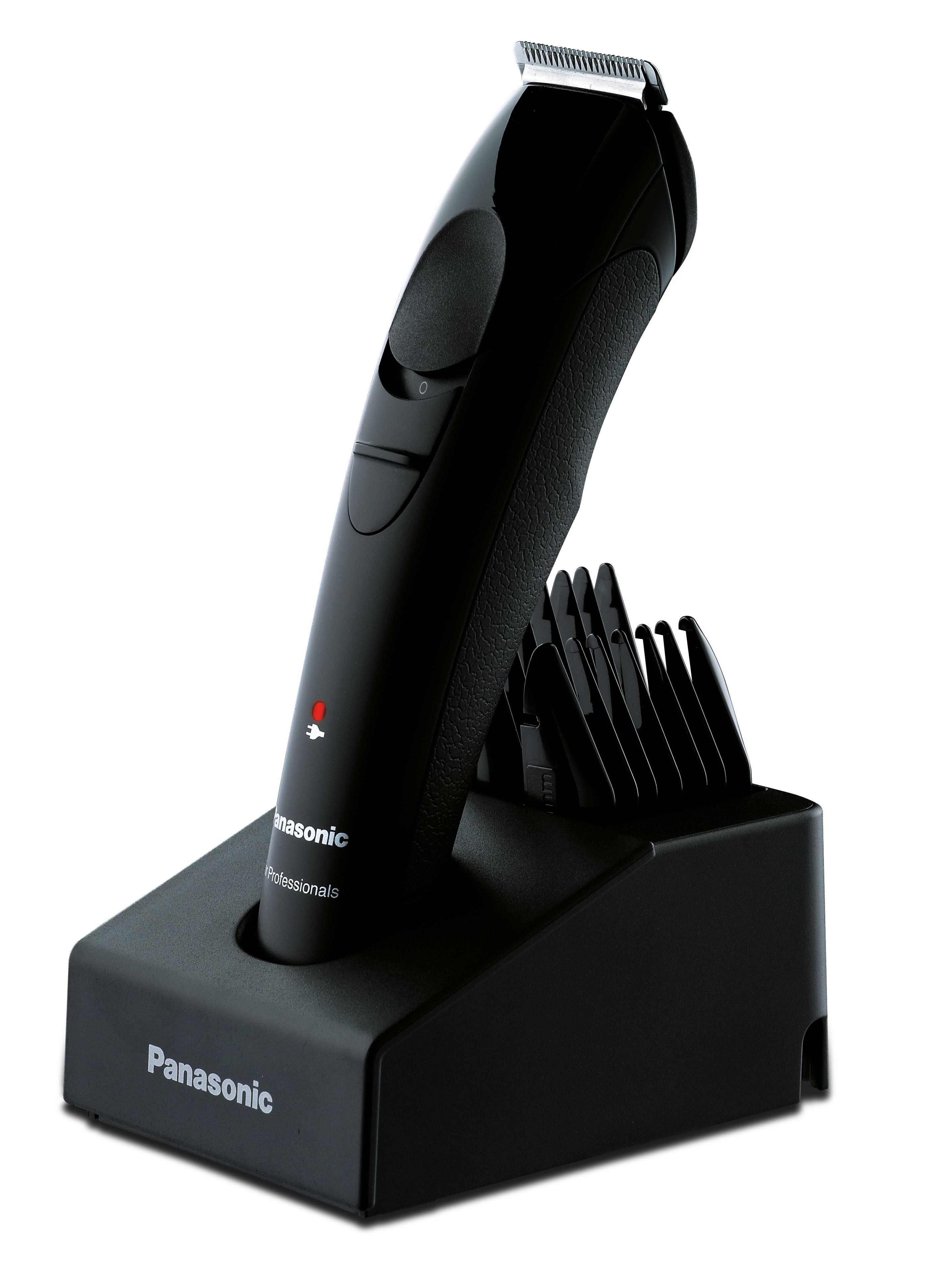 Panasonic Bartschneider auf Ladestation. Schwarzes Gerät und Ständer. Rotes Licht.
