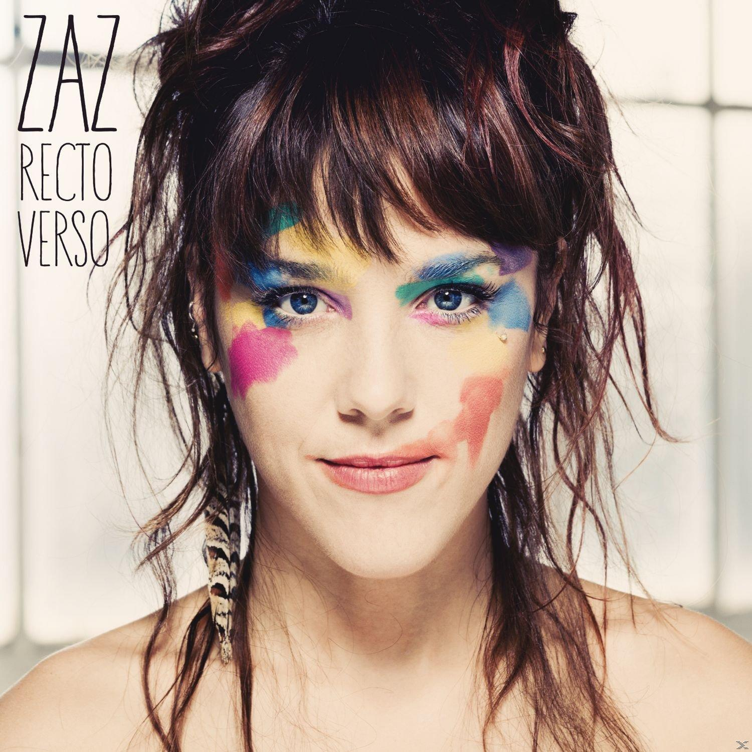 Pochette de l'album Zaz. Femme avec maquillage coloré et plumes.