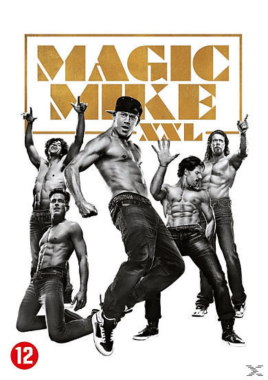 DVD cover for 'Magic Mike XXL' with shirtless men in a dance pose. The background is gold.