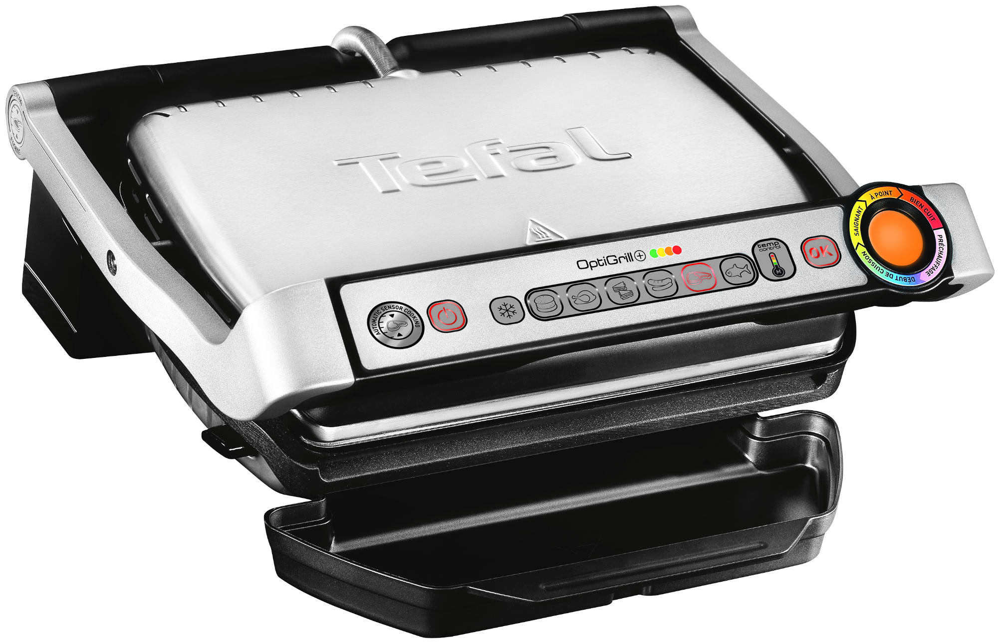 Srebrny Tefal OptiGrill, otwarty z czarną tacą i panelem sterowania z przodu, białe tło.