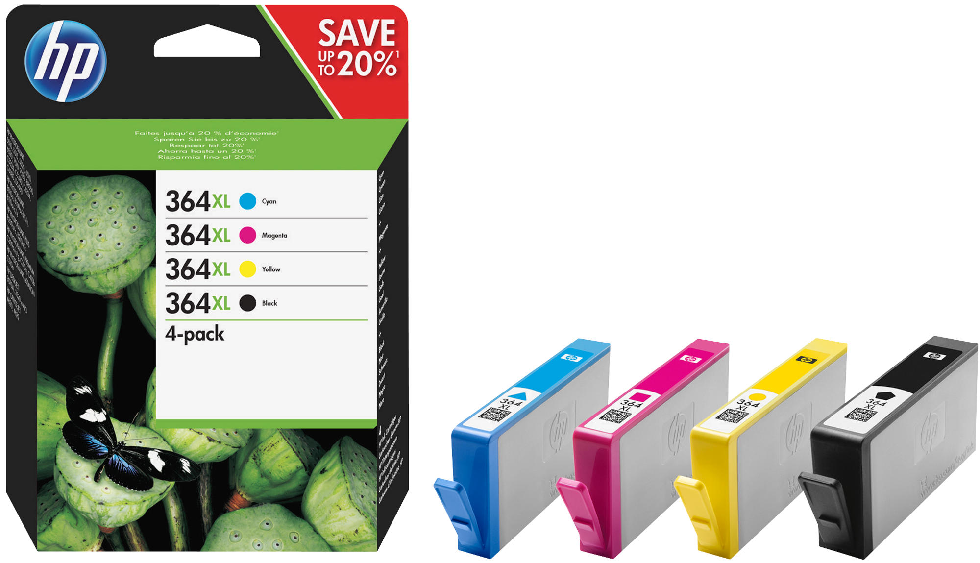 Cartucho de tinta - HP 364XL Combo 4 Pack, Negro/Cian/Magenta/Amarillo, N9J74AE