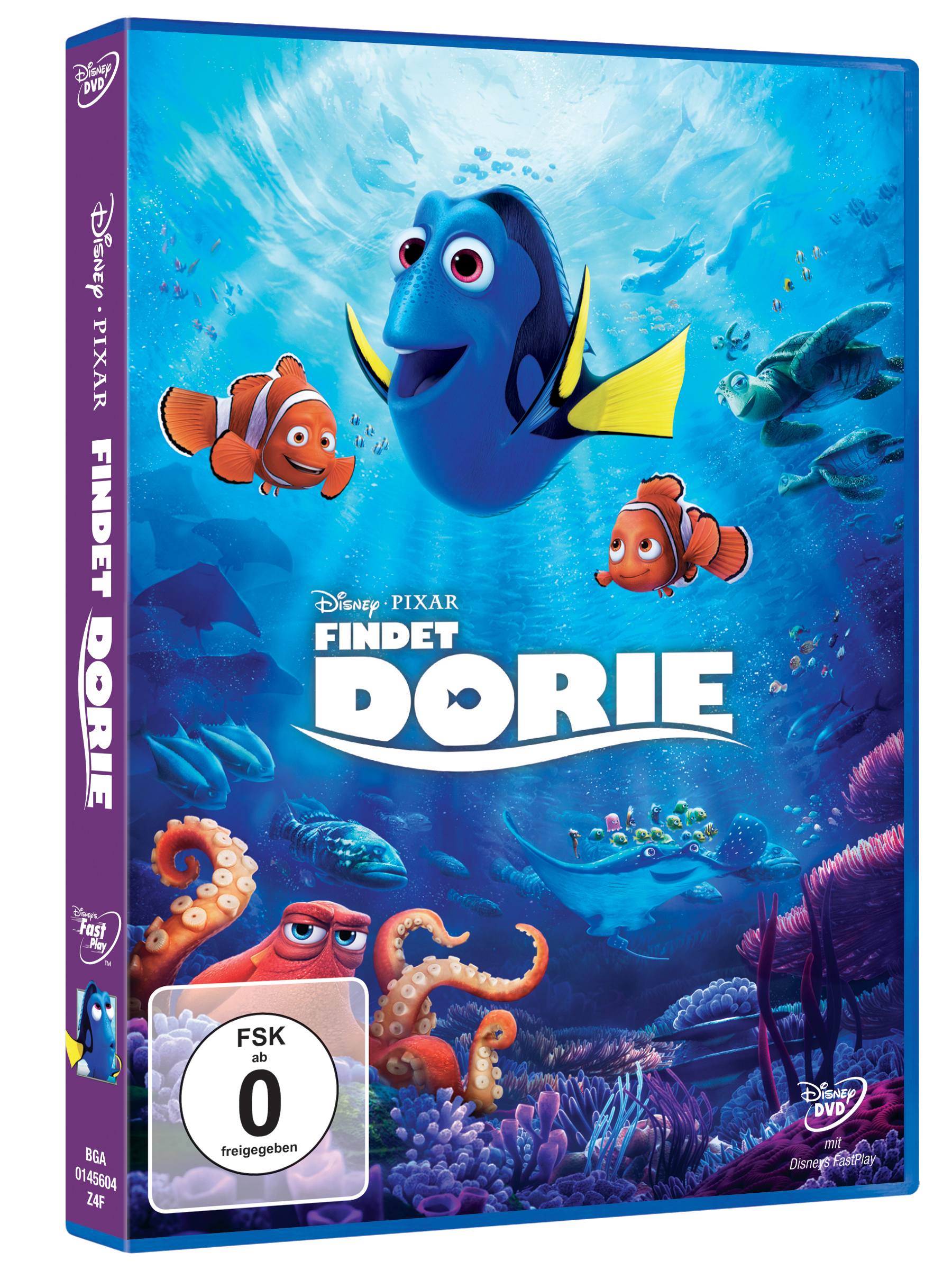 Finding Dory DVD-Cover. Zeigt Dory, Nemo und andere Meeresbewohner in einer Meeresumgebung.