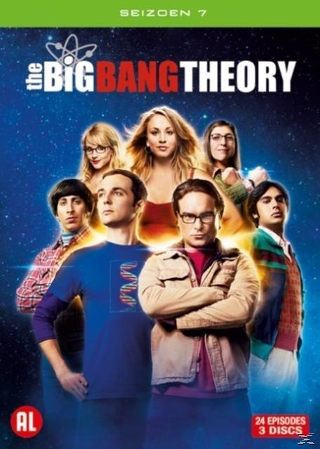 DVD case with seven people, and title 'The Big Bang Theory'.  Stars in the background.