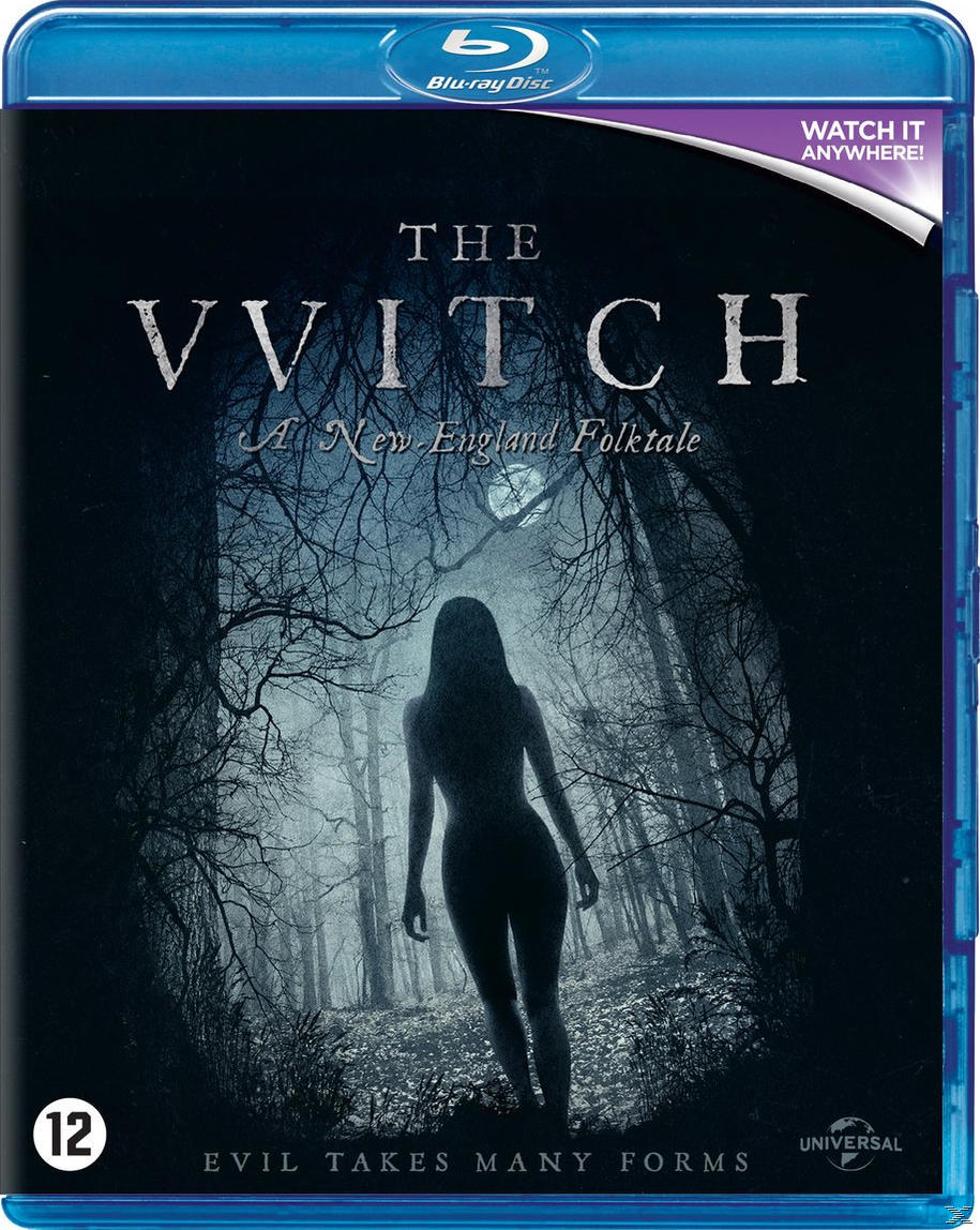 Blu-ray-hoes voor "The VVitch". Een silhouet van een vrouw in een bos. Donkere, griezelige scène.