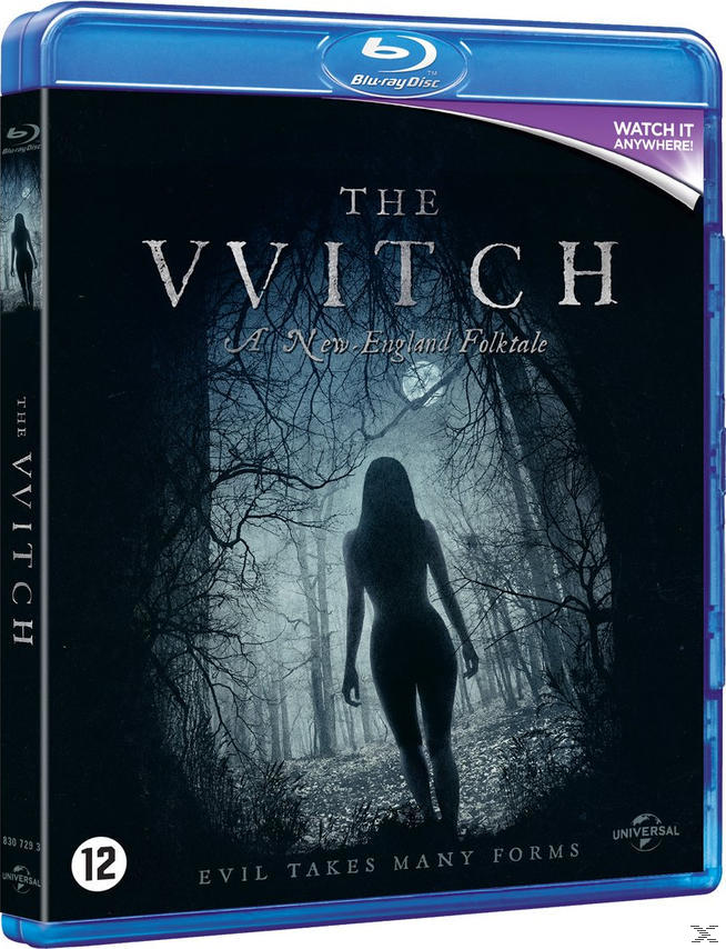 DVD-hoes voor The Witch. Een vrouw staat in een donker bos met overlay-tekst.