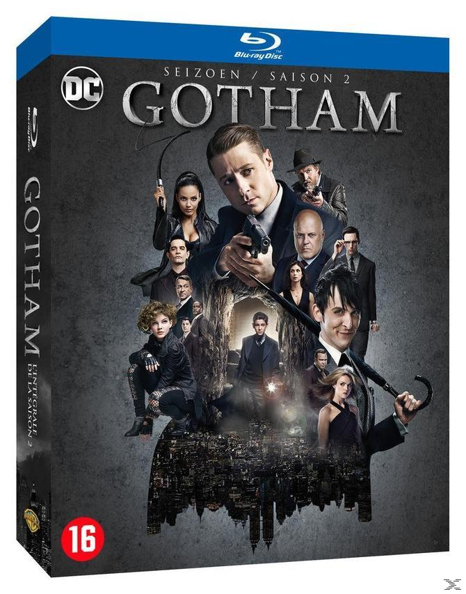 Coffret DVD de la saison 2 de Gotham. Divers personnages de la série sont sur la couverture. Fond sombre. Boîtier bleu.