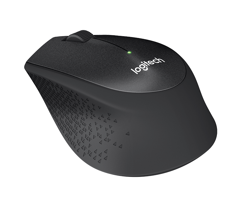 Siyah Logitech kablosuz fare. Üstte yeşil ışık.