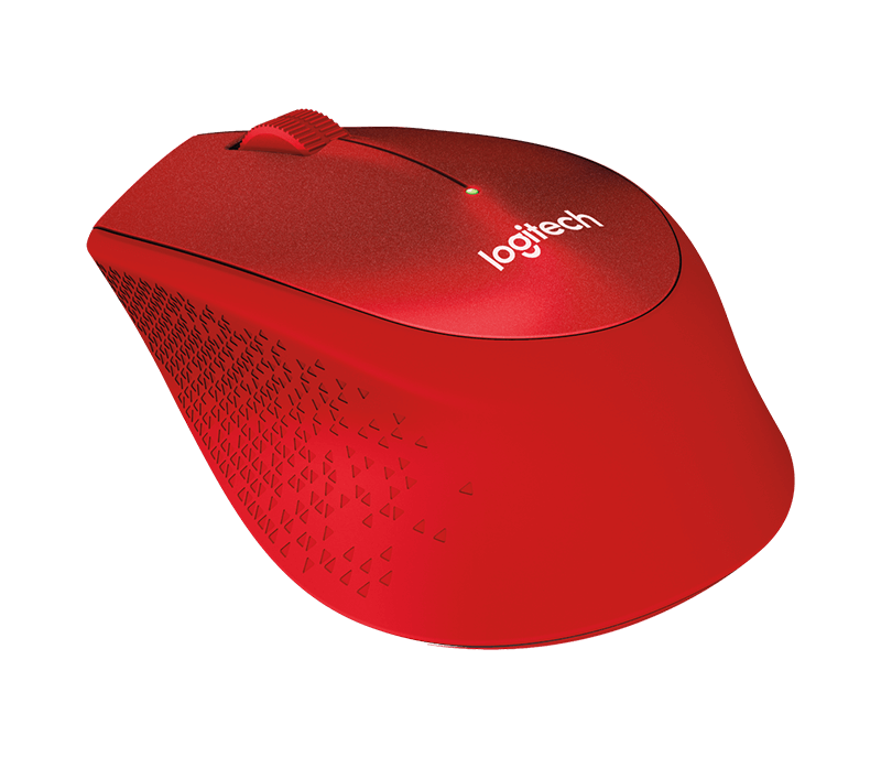 Siyah zemin üzerinde kırmızı Logitech kablosuz fare. Kaydırma tekerleği ve Logitech logosu var.