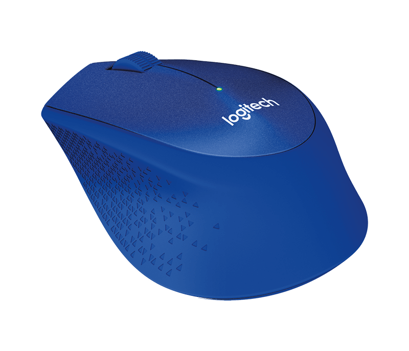 Mavi Logitech bilgisayar faresi. Farenin üzerinde bir tekerlek ve Logitech logosu var.