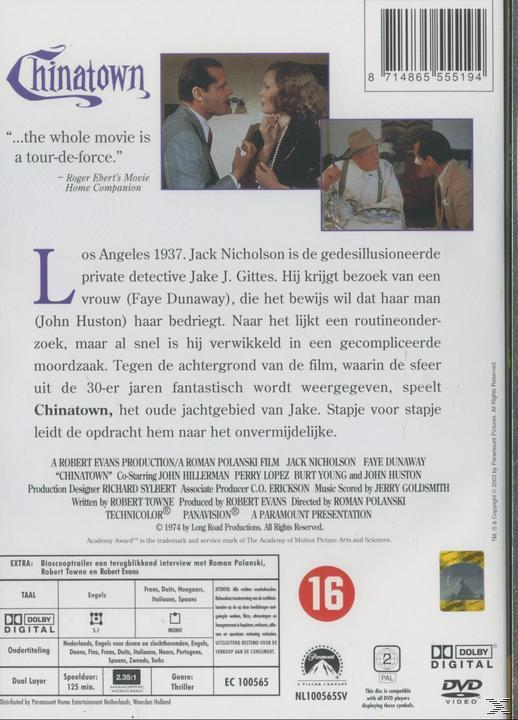 DVD cover: Chinatown. Images of actors, text in multiple languages, rating icon, and promotional text.