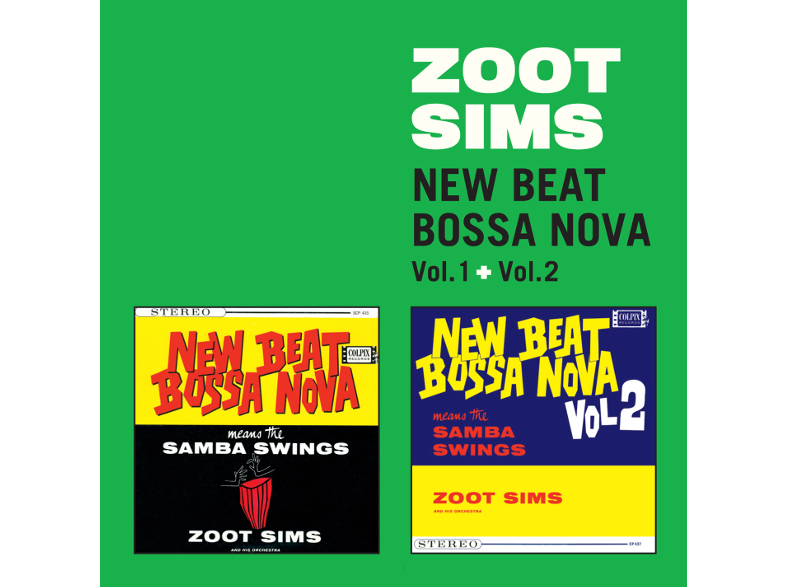 Két album borító Zoot Sims számára. Zöld háttér. Címek: New Beat Bossa Nova Vol. 1 & Vol. 2. Samba Swings.