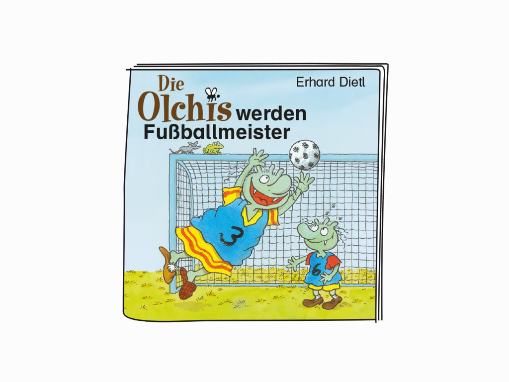 Cartoon-Buchcover: Zwei grüne Monster spielen Fußball. Titel: Die Olchis werden Fußballmeister.