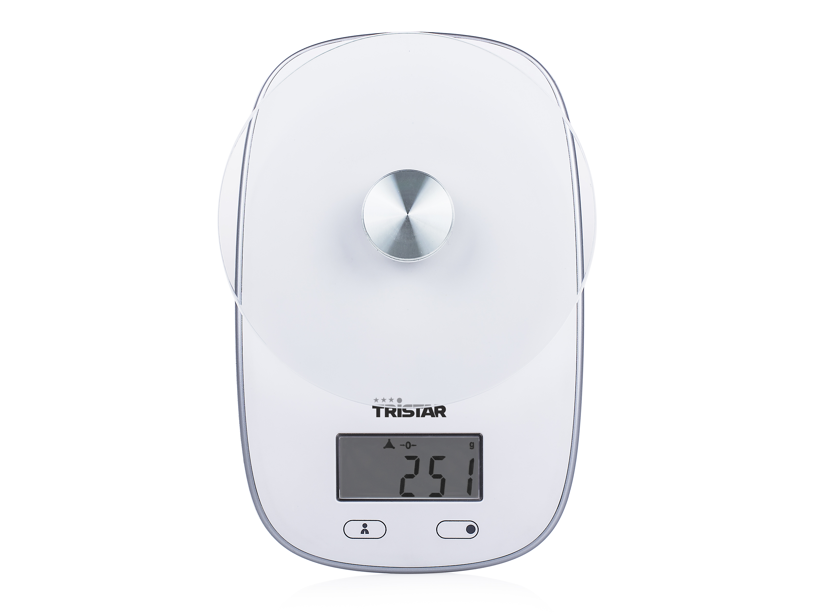 Een witte digitale keukenweegschaal met een digitaal display met 25,1 gram. Twee heldere handvatten.